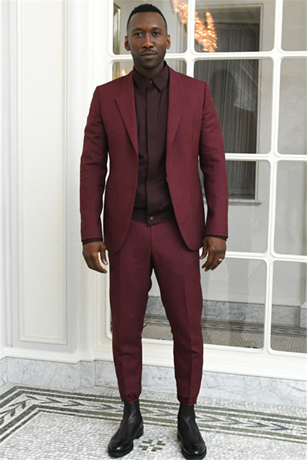 Burgundy Peaked Lapel Men Suits Two Piece Slim Fit Prom Outfits Online-Ballbella