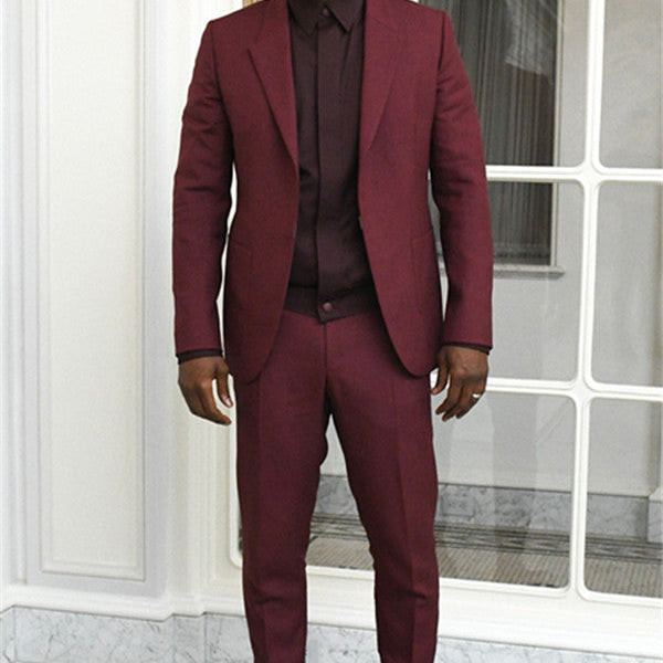 Burgundy Peaked Lapel Men Suits Two Piece Slim Fit Prom Outfits