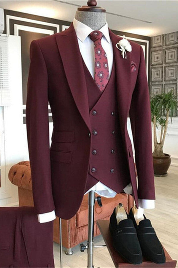 Burgundy Peaked Lapel Three Pieces Men's Suit