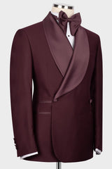 Burgundy Satin Shawl Lapel Slim Fit Prom & Wedding Suit-Ballbella
