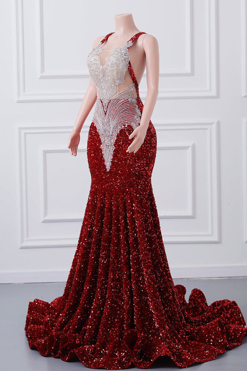 Burgundy Sequin Mermaid Silver Beaded Court Trian Prom Dresses Burgundy Sequin Mermaid Silver Beaded Court Trian Prom Dresses