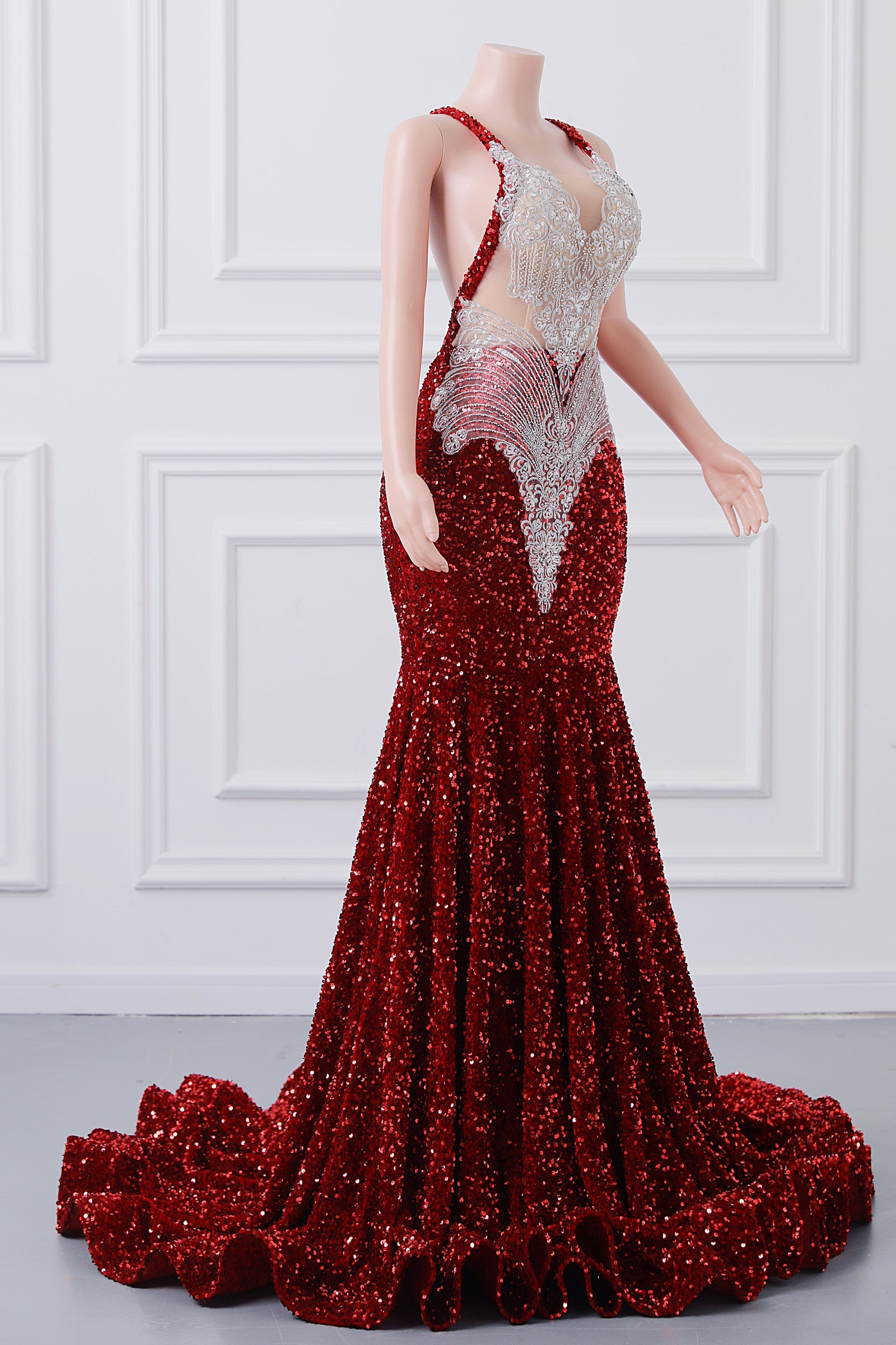 fitted lace wedding dress Burgundy Sequin Mermaid Silver Beaded Court Trian Prom Dresses