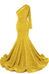 Burgundy Sequin Trumpet Sweep Train Long Sleeve Evening Dress-Ballbella