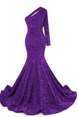Burgundy Sequin Trumpet Sweep Train Long Sleeve Evening Dress-Ballbella