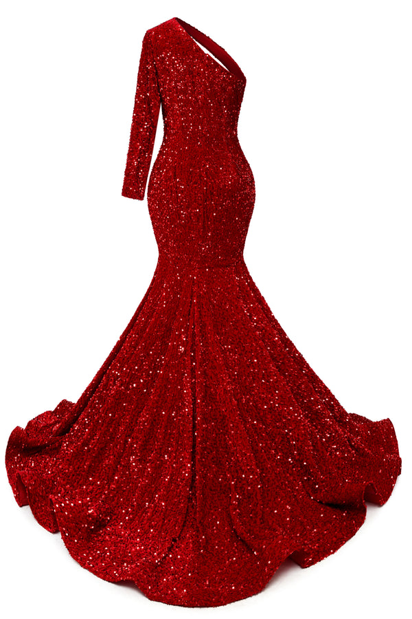 Burgundy Sequin Trumpet Sweep Train Long Sleeve Evening Dress-Ballbella