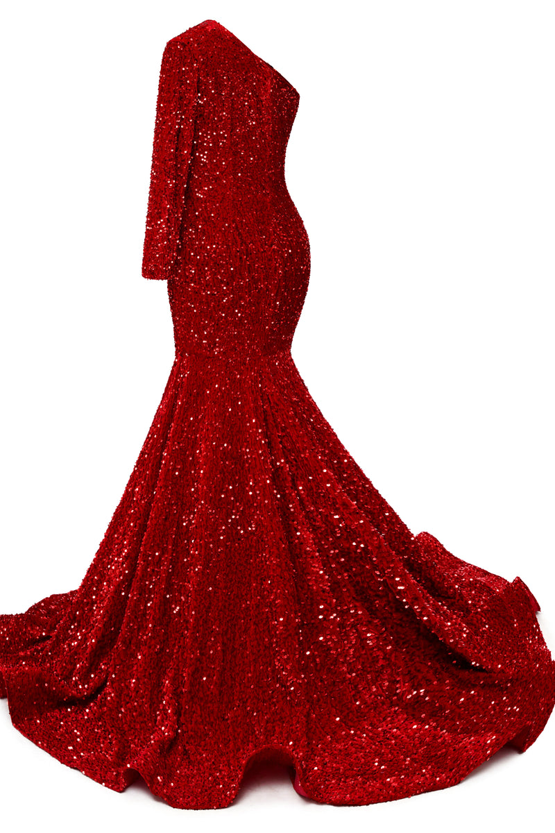 Burgundy Sequin Trumpet Sweep Train Long Sleeve Evening Dress-Ballbella