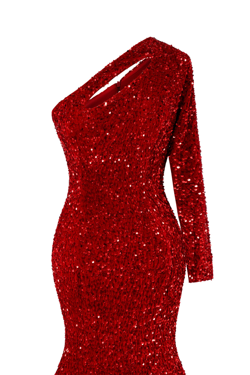 Burgundy Sequin Trumpet Sweep Train Long Sleeve Evening Dress-Ballbella