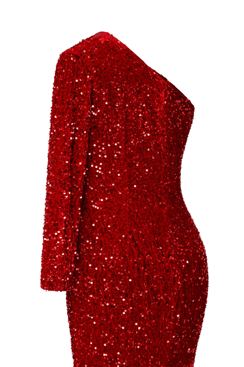 Burgundy Sequin Trumpet Sweep Train Long Sleeve Evening Dress-Ballbella