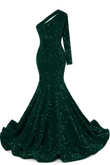 Burgundy Sequin Trumpet Sweep Train Long Sleeve Evening Dress-Ballbella