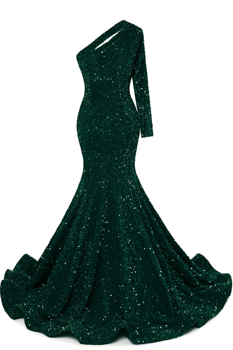Burgundy Sequin Trumpet Sweep Train Long Sleeve Evening Dress-Ballbella