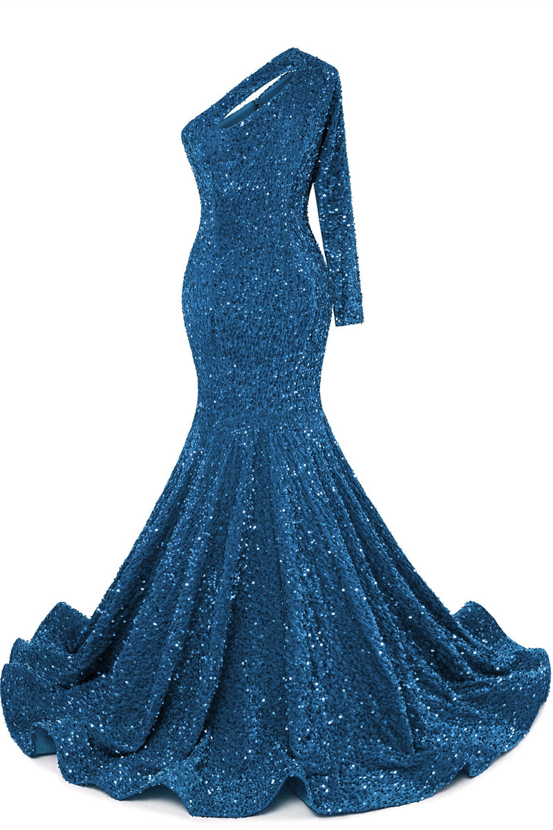 Burgundy Sequin Trumpet Sweep Train Long Sleeve Evening Dress-Ballbella