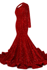 Burgundy Sequin Trumpet Sweep Train Long Sleeve Evening Dress-Ballbella