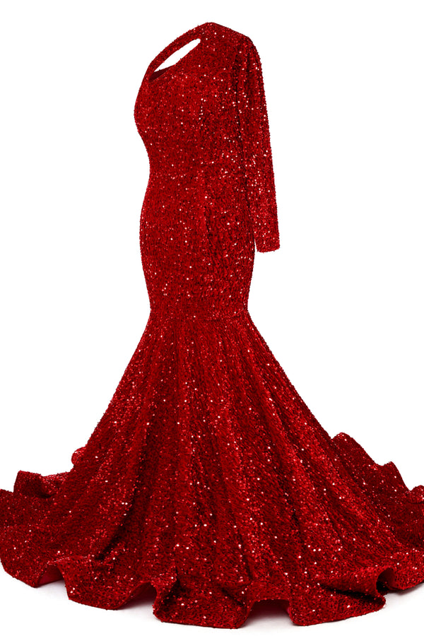 Burgundy Sequin Trumpet Sweep Train Long Sleeve Evening Dress-Ballbella