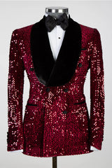 Burgundy Shawl Lapel Double-Breasted Sequin Prom Suit-Ballbella