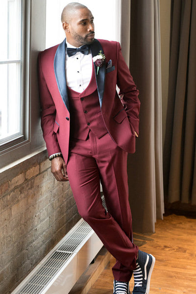 Burgundy Slim Fit Men Suit with Black Shawl Lapel Burgundy Slim Fit Men Suit with Black Shawl Lapel