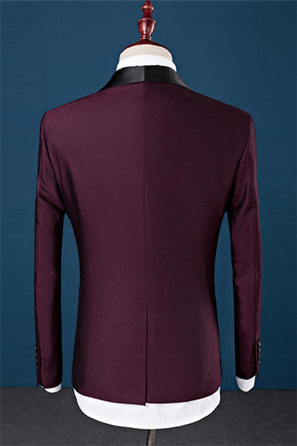 Burgundy Slim Fit Shawl Lapel Groomsmen Suit Fashion Black Trim Tuxedo Men Three-pieces Suits-Ballbella