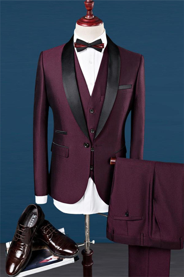 Burgundy Slim Fit Shawl Lapel Groomsmen Suit Fashion Black Trim Tuxedo Men Three-pieces Suits-Ballbella