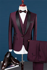 Ballbella made this Burgundy Slim Fit Shawl Lapel Groomsmen Suit, Fashion Black Trim Tuxedo Men Three-pieces Suits with rush order service. Discover the design of this Burgundy Solid Shawl Lapel Single Breasted mens suits cheap for prom, wedding or formal business occasion.