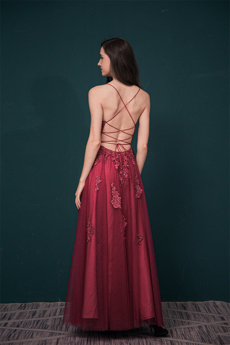 Burgundy Spaghetti Strap Lace Appliques High split Prom Dress, Burgundy / US2 Burgundy Spaghetti Strap Lace Appliques High split Prom Dress, Burgundy / US2