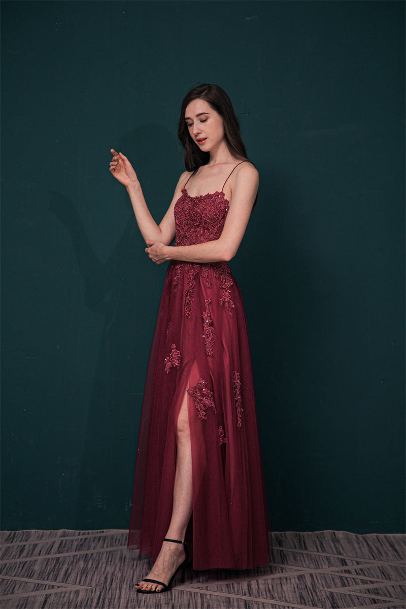 Burgundy Spaghetti Strap Lace Appliques High split Prom Dress, Burgundy / US2 Burgundy Spaghetti Strap Lace Appliques High split Prom Dress, Burgundy / US2
