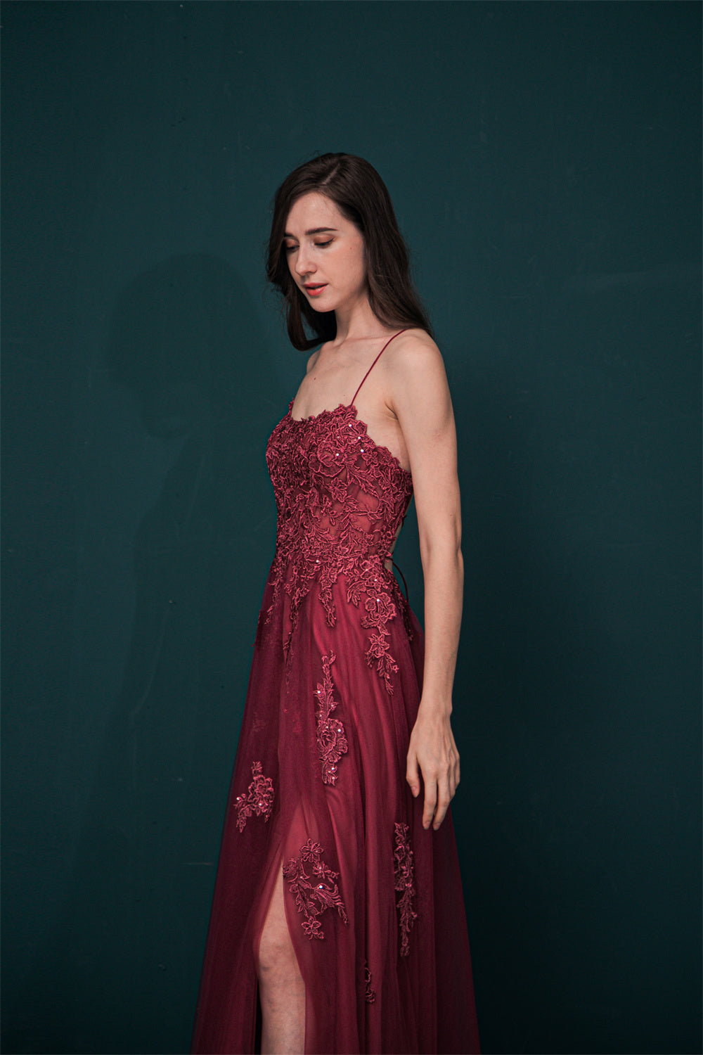 Burgundy Spaghetti Strap Lace Appliques High Split Prom Dress, Burgundy / US2