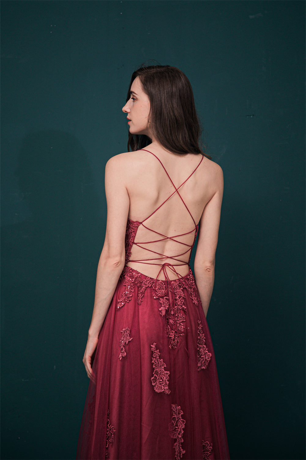 Burgundy Spaghetti Strap Lace Appliques High split Prom Dress, Burgundy / US2 Burgundy Spaghetti Strap Lace Appliques High split Prom Dress, Burgundy / US2