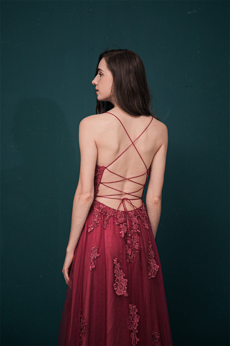 Burgundy Spaghetti Strap Lace Appliques High split Prom Dress, Burgundy / US2 Burgundy Spaghetti Strap Lace Appliques High split Prom Dress, Burgundy / US2