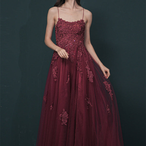 Burgundy Spaghetti Strap Lace Appliques High split Prom Dress, Burgundy / US2