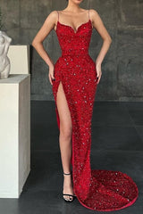 Burgundy Spaghetti-Straps Mermaid Prom Dress Long Sequins Evening Gowns With Split-Ballbella