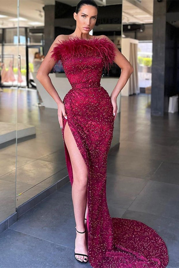 Burgundy Strapless Mermaid Prom Dress Slit With Sequins Beads Feather-Ballbella