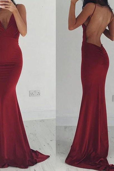 Burgundy Stretchy Spaghettis-Straps Backless Column Prom Dresses