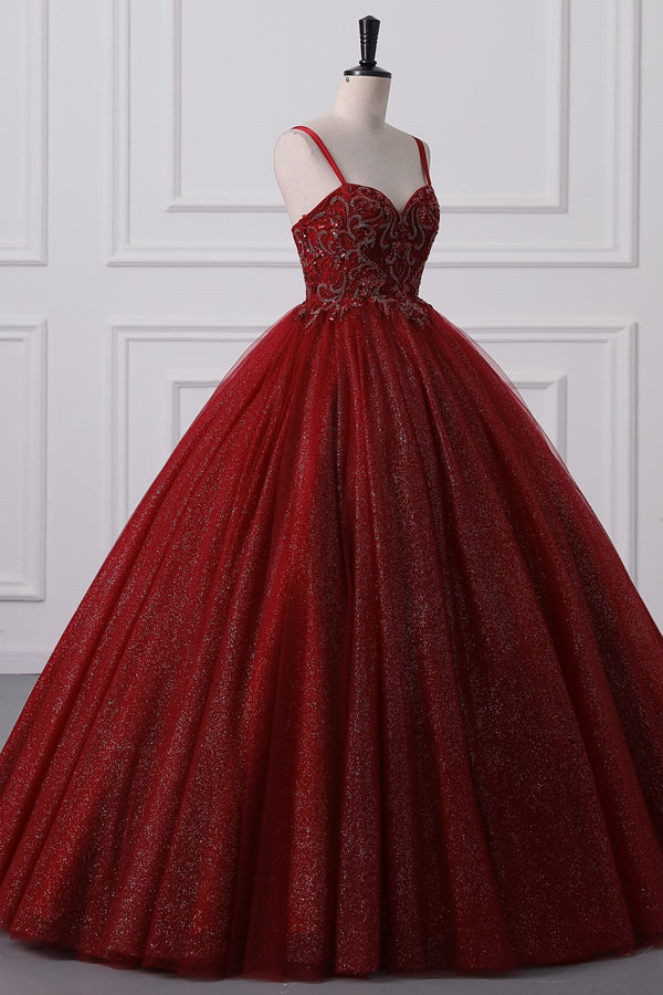 Burgundy Sweetheart Lace-up Criss Cross Straps Ball Gown Evening Dress-Ballbella