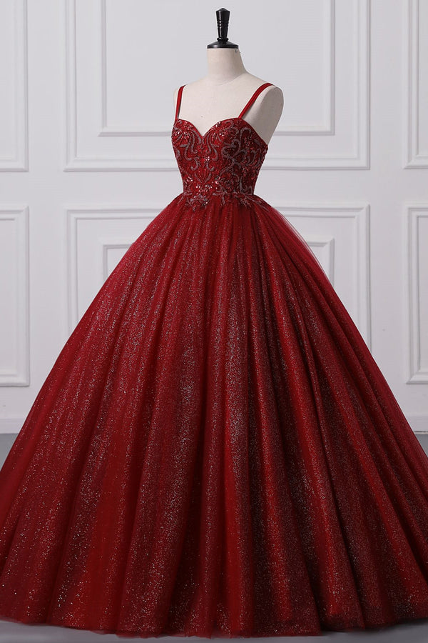 Burgundy Sweetheart Lace-up Criss Cross Straps Ball Gown Evening Dress-Ballbella
