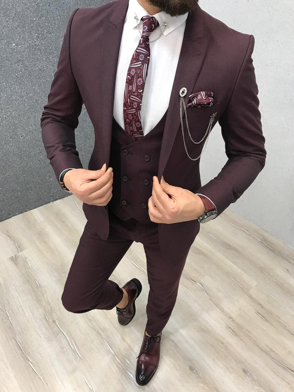 Burgundy Three Pieces Slim Fit Peaked Lapel Men Suits-Ballbella