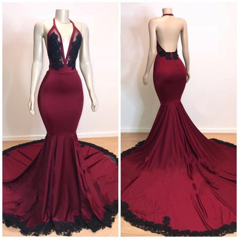 Ballbella offers Burgundy V-neck Halter Appliques Long Mermaid Evening Dresses at a cheap price from burgundy color to Mermaid hem.. Shop ballbella with Gorgeous yet affordable Sleeveless Real Model Series.