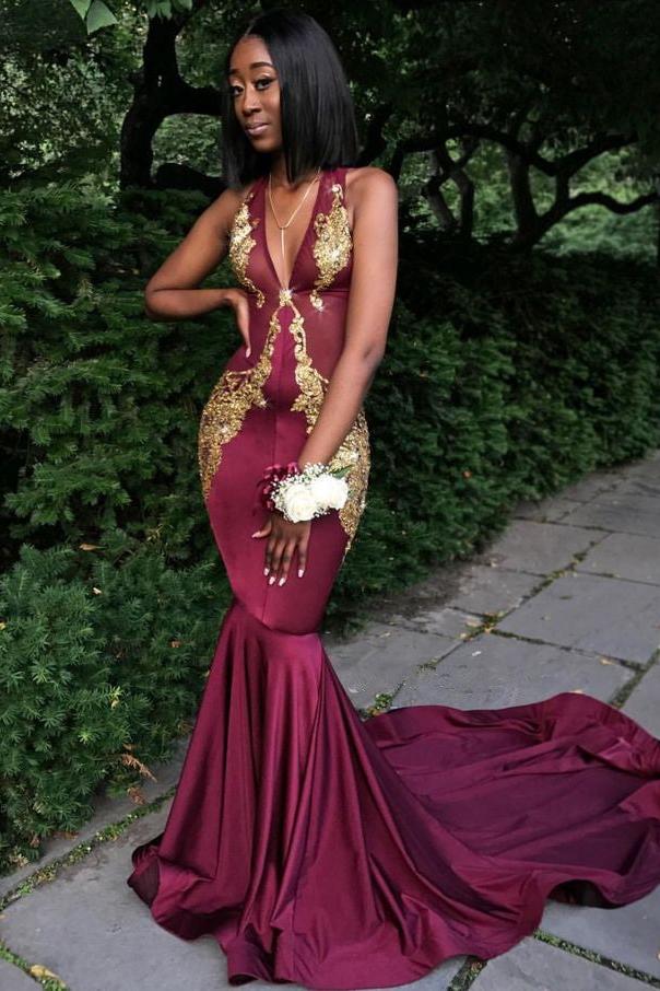 Burgundy V-Neck Prom Dress, Mermaid Evening Dress-Ballbella