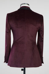 Burgundy Velvet Knitted Button Prom Suit with Black Chains-Ballbella