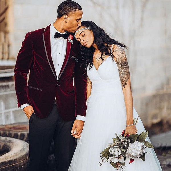 Burgundy Velvet One Button Wedding Groom Suit for Men-Ballbella