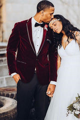 Burgundy Velvet One Button Wedding Groom Suit for Men-Ballbella