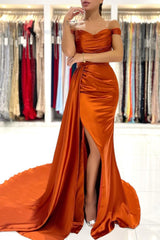 Burnt Orange Off-the-Shoulder Mermaid Prom Dress Long With Split-Ballbella
