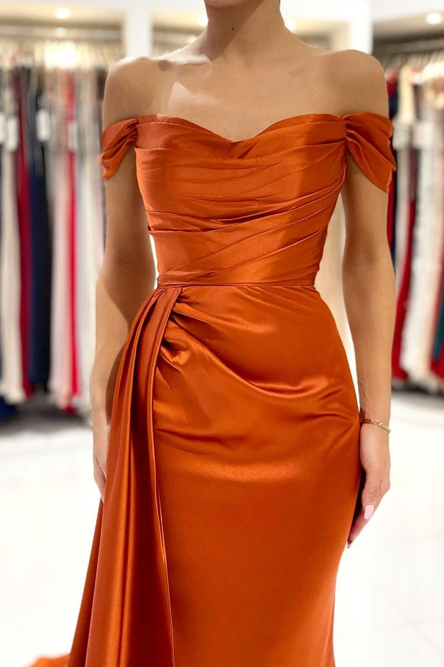 Burnt Orange Off-the-Shoulder Mermaid Prom Dress Long With Split – Ballbella