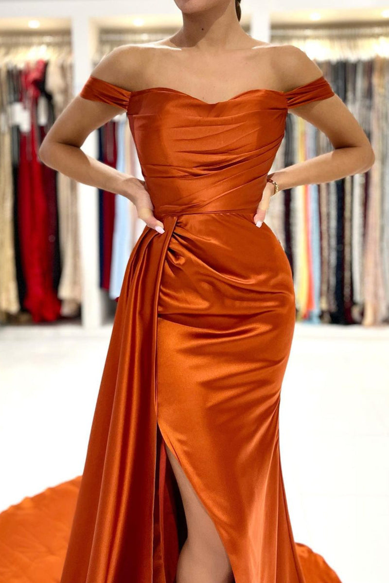 Burnt Orange Off-the-Shoulder Mermaid Prom Dress Long With Split Burnt Orange Off-the-Shoulder Mermaid Prom Dress Long With Split