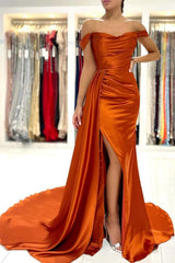 Burnt Orange Off-the-Shoulder Mermaid Prom Dress Long With Split-Ballbella