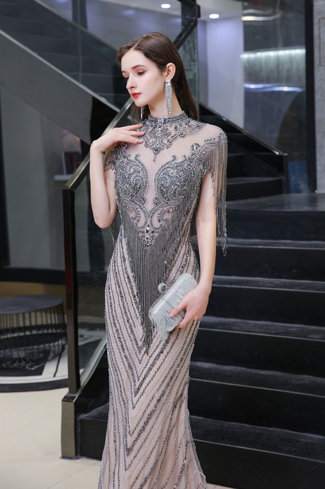 Looking for Prom Dresses, Evening Dresses, Homecoming Dresses, Quinceanera dresses in Tulle,  Mermaid style,  and Gorgeous Beading, Crystal, Sequined, Rhinestone,  work? Ballbella has all covered on this elegant Cap sleeves High neck Sparkle Beads Long Prom Dresses On Sale.