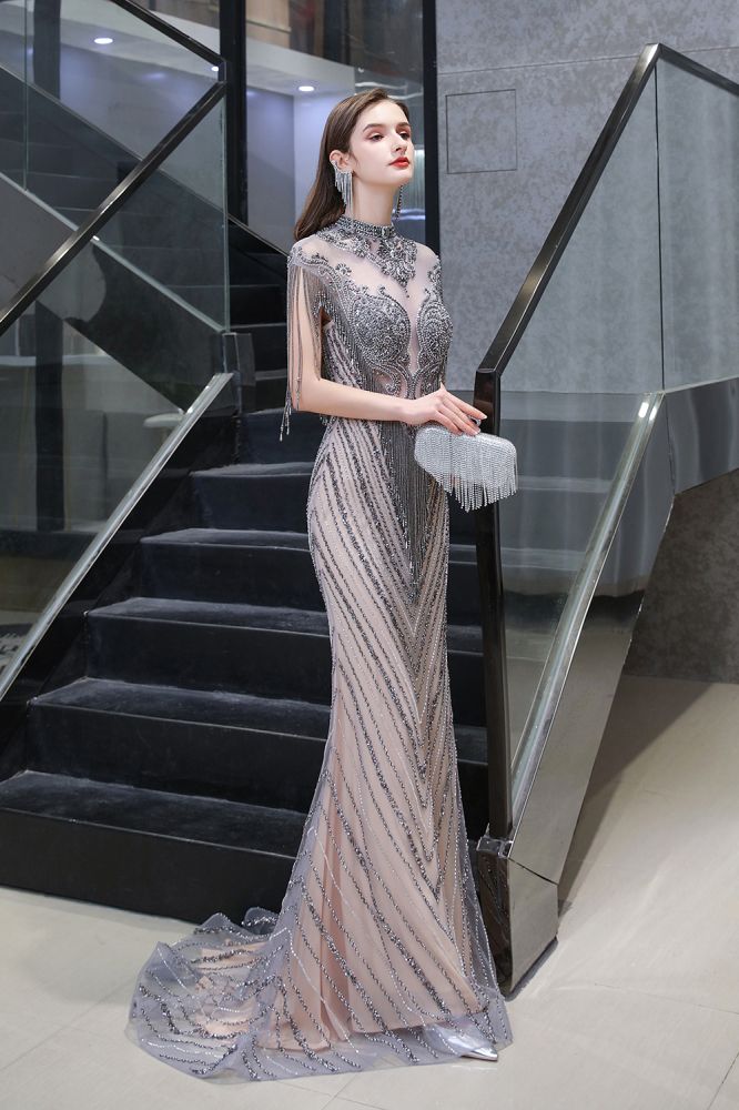 Looking for Prom Dresses, Evening Dresses, Homecoming Dresses, Quinceanera dresses in Tulle,  Mermaid style,  and Gorgeous Beading, Crystal, Sequined, Rhinestone,  work? Ballbella has all covered on this elegant Cap sleeves High neck Sparkle Beads Long Prom Dresses On Sale.
