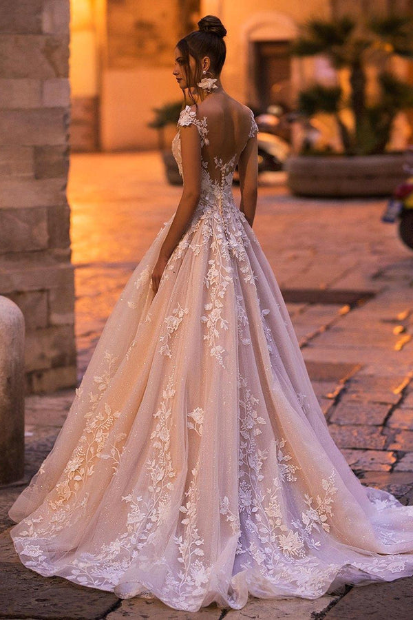 Cap sleeves Lace Sweetheart A-line Lace Flowers Wedding Dresses-Ballbella