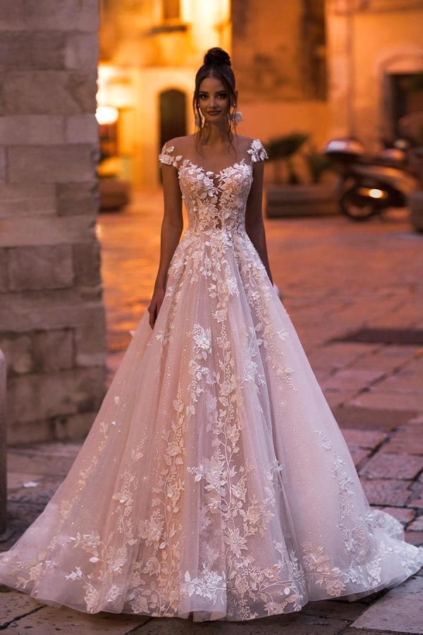 Cap sleeves Lace Sweetheart A-line Lace Flowers Wedding Dresses-Ballbella