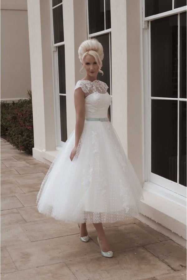 Ballbella offers Cap sleeves Lace White Illusion neck Beach Short Wedding Dress at factory price.High quality promised, fast delivery worldwide.