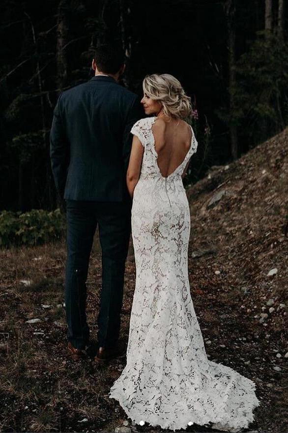 Cap sleeves Modern Backless Lace Ivory Court Train Beach Wedding Dress-Ballbella