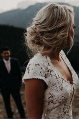 Cap sleeves Modern Backless Lace Ivory Court Train Beach Wedding Dress-Ballbella